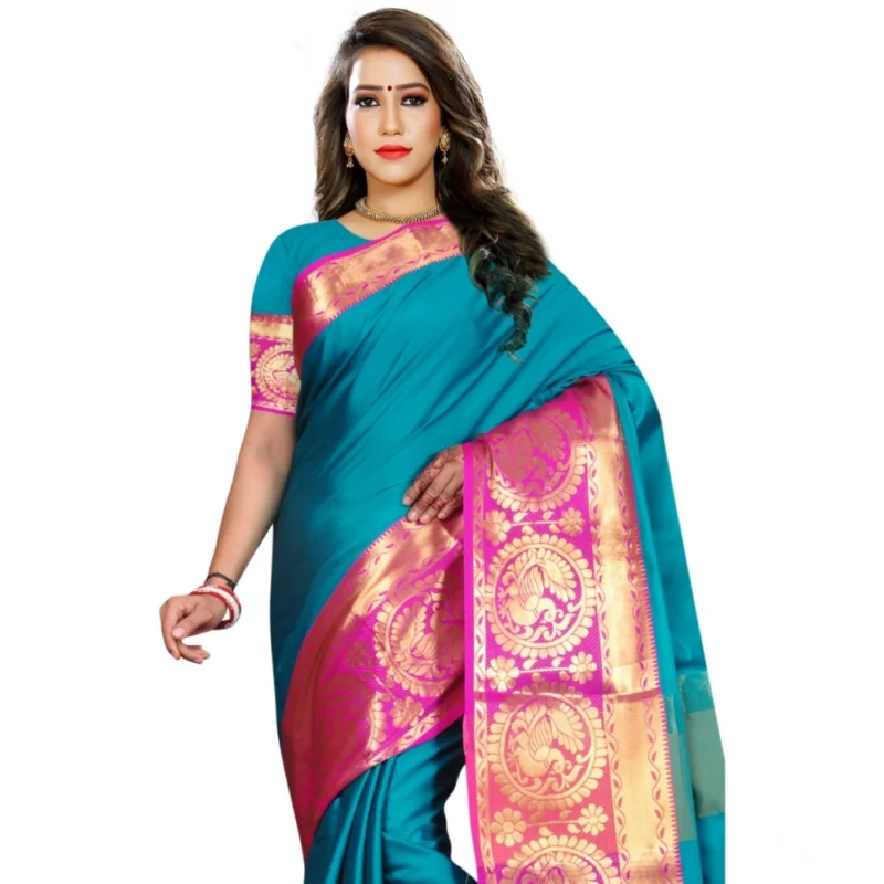 Generic Women's Jacquard Woven Saree With Unstitched Blouse 5.5Mtr (Dark Green) - Image 2