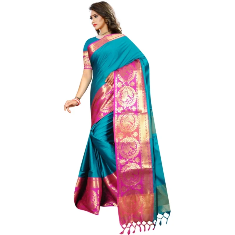 Generic Women's Jacquard Woven Saree With Unstitched Blouse 5.5Mtr (Dark Green) - Image 3