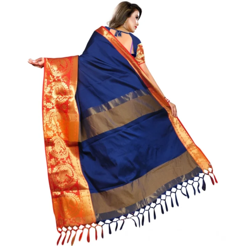 Generic Women's Jacquard Woven Saree With Unstitched Blouse 5.5Mtr (Dark Blue) - Image 4