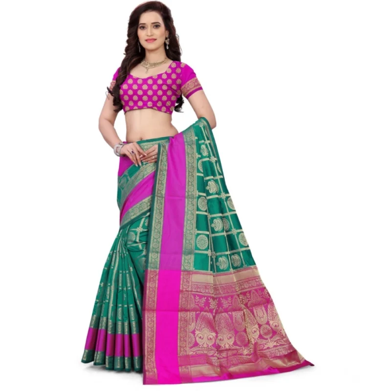 Generic Women's Jacquard Woven Saree With Unstitched Blouse 5.5Mtr (Light Green) - Image 3