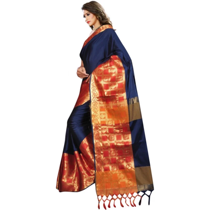 Generic Women's Jacquard Woven Saree With Unstitched Blouse 5.5Mtr (Blue) - Image 3