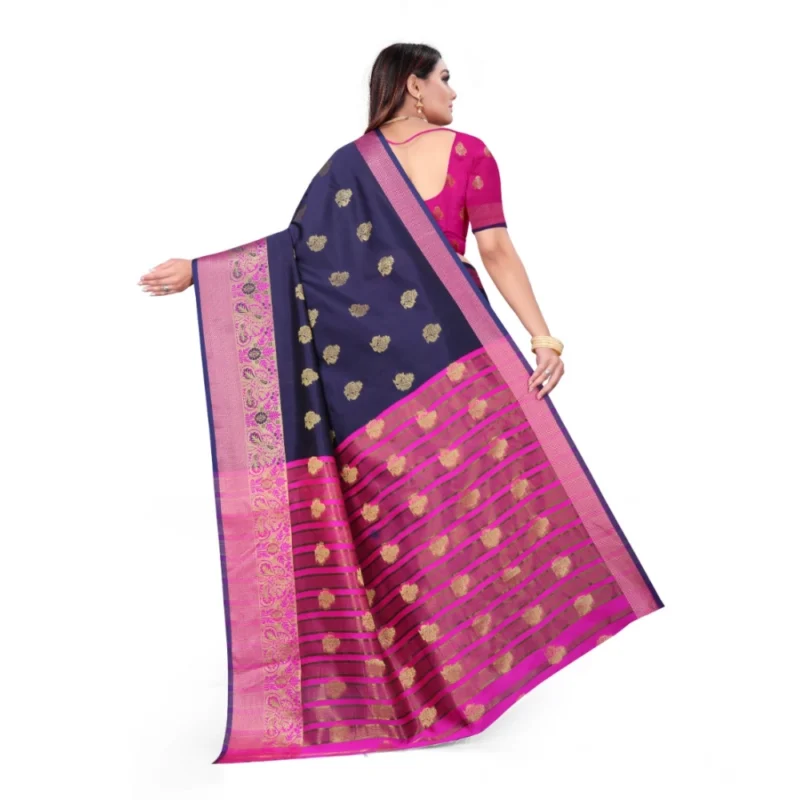 Generic Women's Silk Blend Woven Saree With Unstitched Blouse 5.5Mtr (Dark Blue) - Image 3