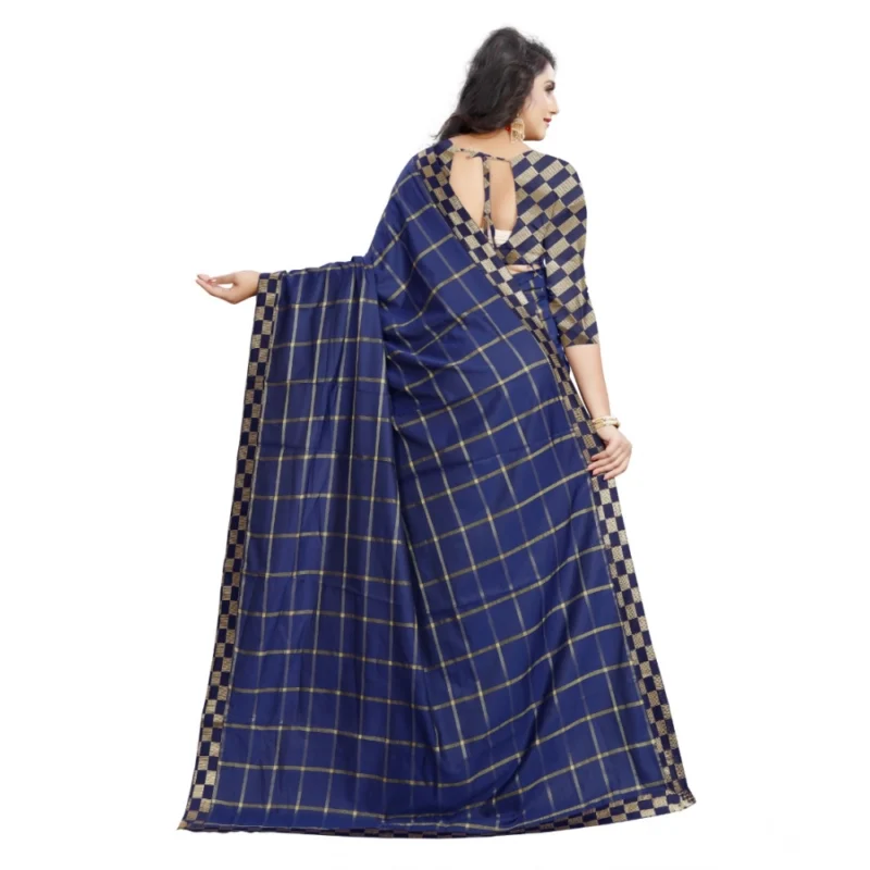 Generic Women's Cotton Silk Checkered Saree With Unstitched Blouse 5.5Mtr (Dark Blue) - Image 4