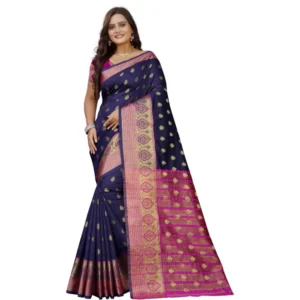 Generic Women's Silk Blend Woven Saree With Unstitched Blouse 5.5Mtr (Dark Blue-Pink)