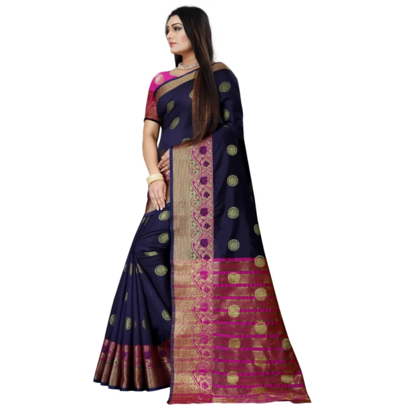 Generic Women's Silk Blend Woven Saree With Unstitched Blouse 5.5Mtr (Dark Blue-Pink) - Image 3