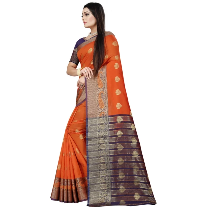 Generic Women's Silk Blend Woven Saree With Unstitched Blouse 5.5Mtr (Purple-Orange) - Image 2