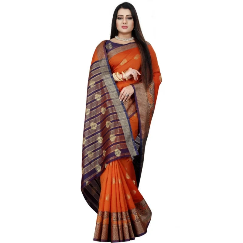 Generic Women's Silk Blend Woven Saree With Unstitched Blouse 5.5Mtr (Purple-Orange) - Image 3