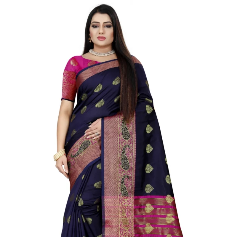 Generic Women's Silk Blend Woven Saree With Unstitched Blouse 5.5Mtr (Dark Blue-Pink) - Image 2
