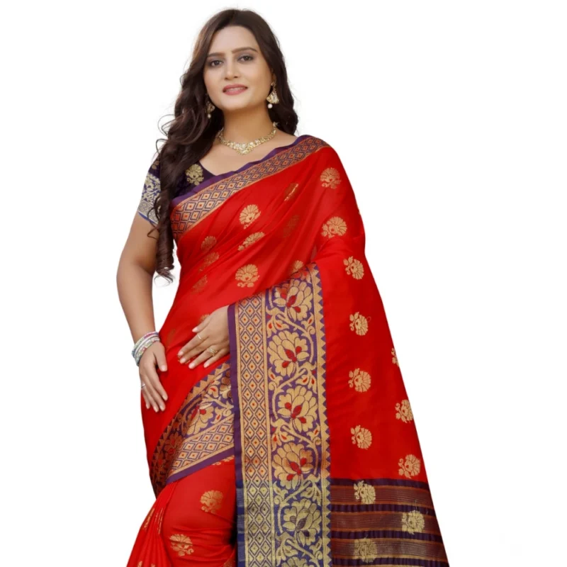 Generic Women's Silk Blend Woven Saree With Unstitched Blouse 5.5Mtr (Purple-Red) - Image 2