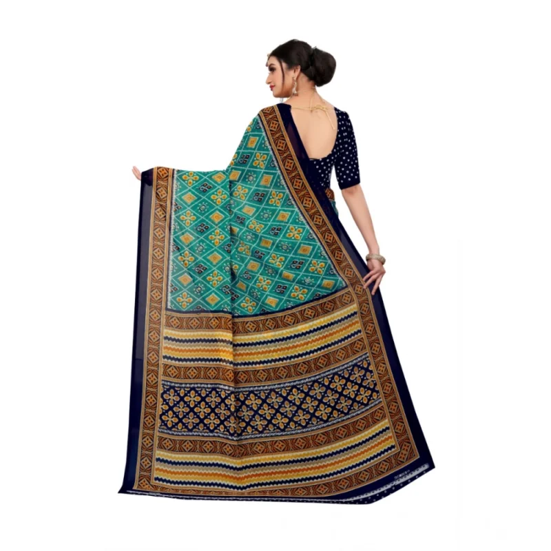 Generic Women's Georgette Floral Print Saree With Unstitched Blouse 5.5Mtr (Dark Green) - Image 4