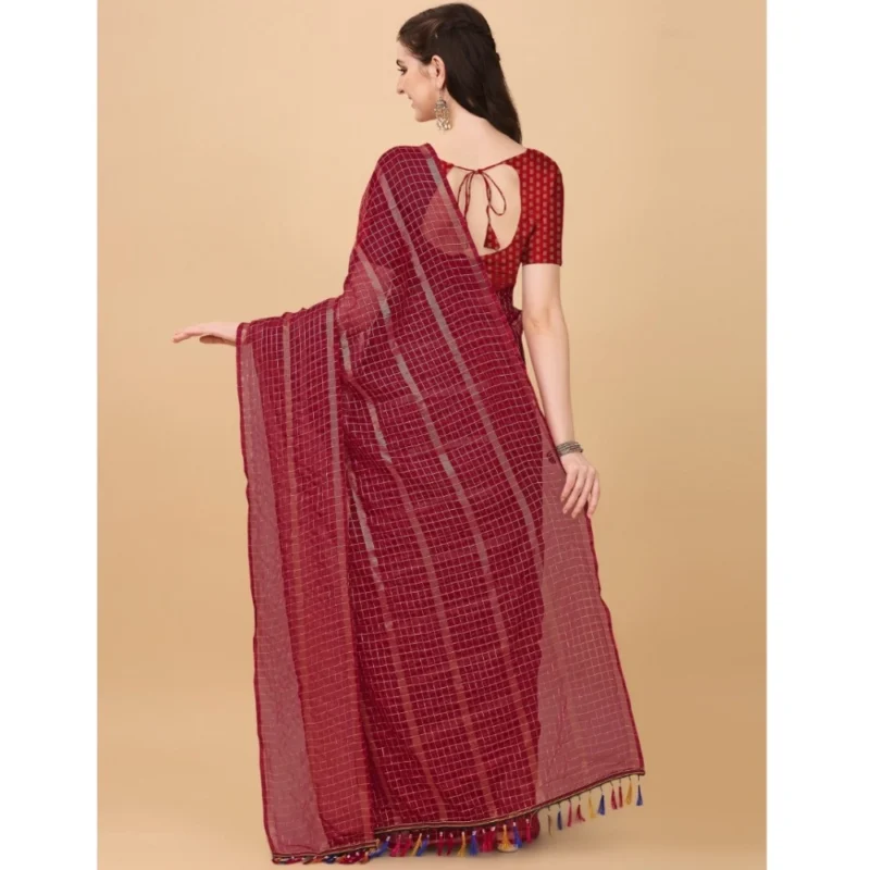 Generic Women's Silk Blend Checkered Saree With Unstitched Blouse 5.5Mtr (Red) - Image 3