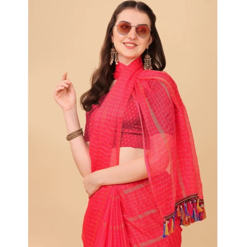 Generic Women's Silk Blend Checkered Saree With Unstitched Blouse 5.5Mtr (Pink) - Image 4