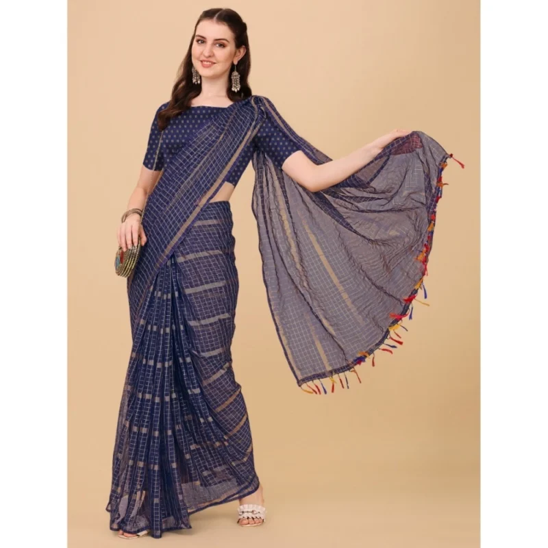 Generic Women's Silk Blend Checkered Saree With Unstitched Blouse 5.5Mtr (Blue) - Image 4