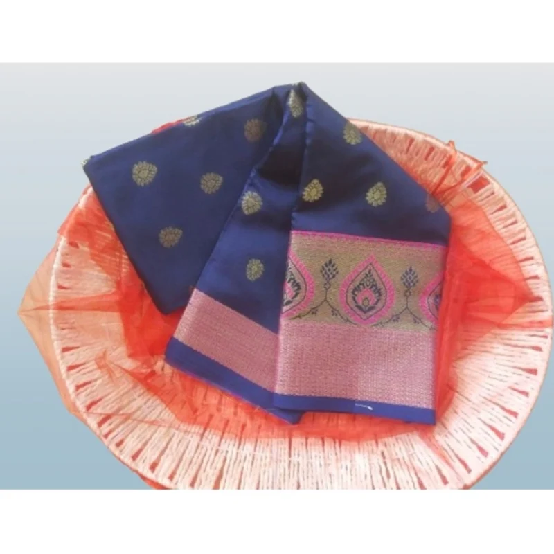 Generic Women's Silk Blend Woven Saree With Unstitched Blouse 5.5Mtr (Dark Blue) - Image 3