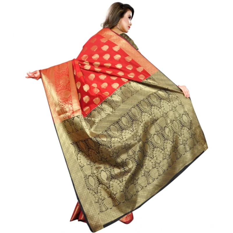 Generic Women's Jacquard Woven Saree With Unstitched Blouse 5.5Mtr (Red) - Image 4