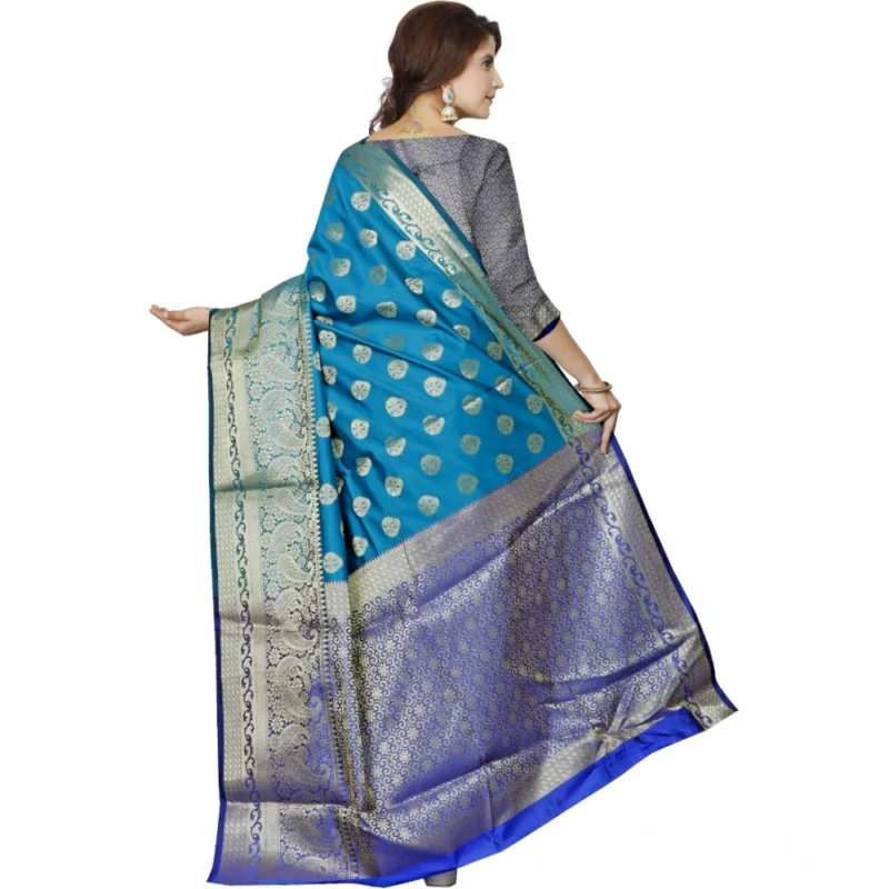 Generic Women's Jacquard Woven Saree With Unstitched Blouse 5.5Mtr (Blue) - Image 3