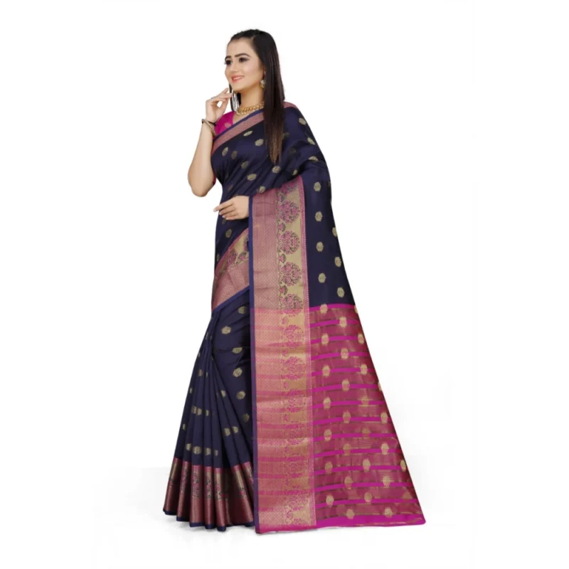Generic Women's Jacquard Woven Saree With Unstitched Blouse 5.5Mtr (Dark Blue) - Image 2