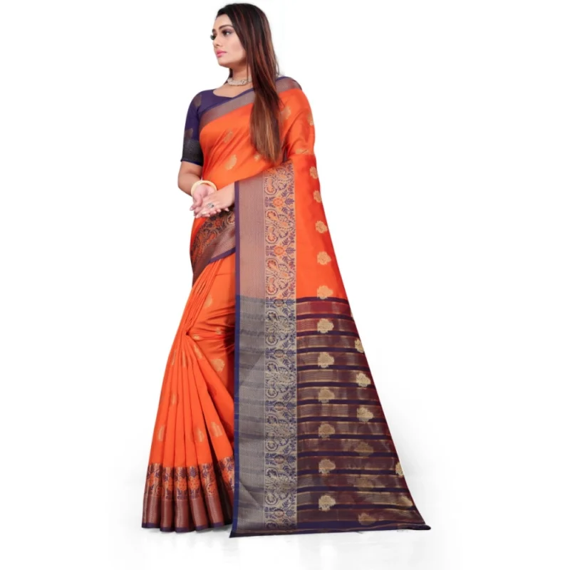 Generic Women's Silk Blend Woven Saree With Unstitched Blouse 5.5Mtr (Orange) - Image 2