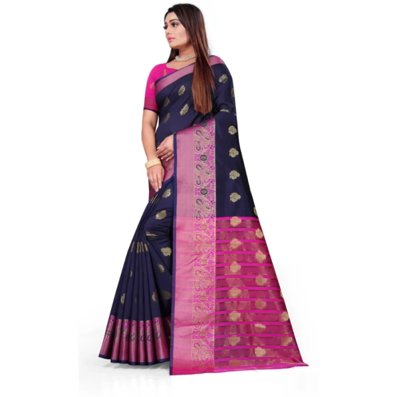 Generic Women's Silk Blend Woven Saree With Unstitched Blouse 5.5Mtr (Dark Blue) - Image 2
