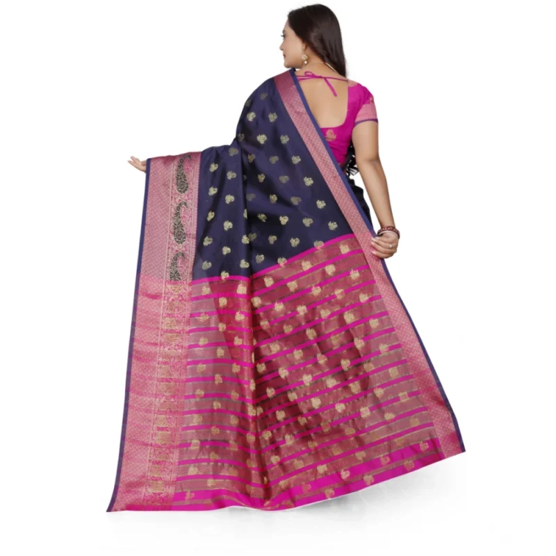 Generic Women's Jacquard Woven Saree With Unstitched Blouse 5.5Mtr (Dark Blue) - Image 3