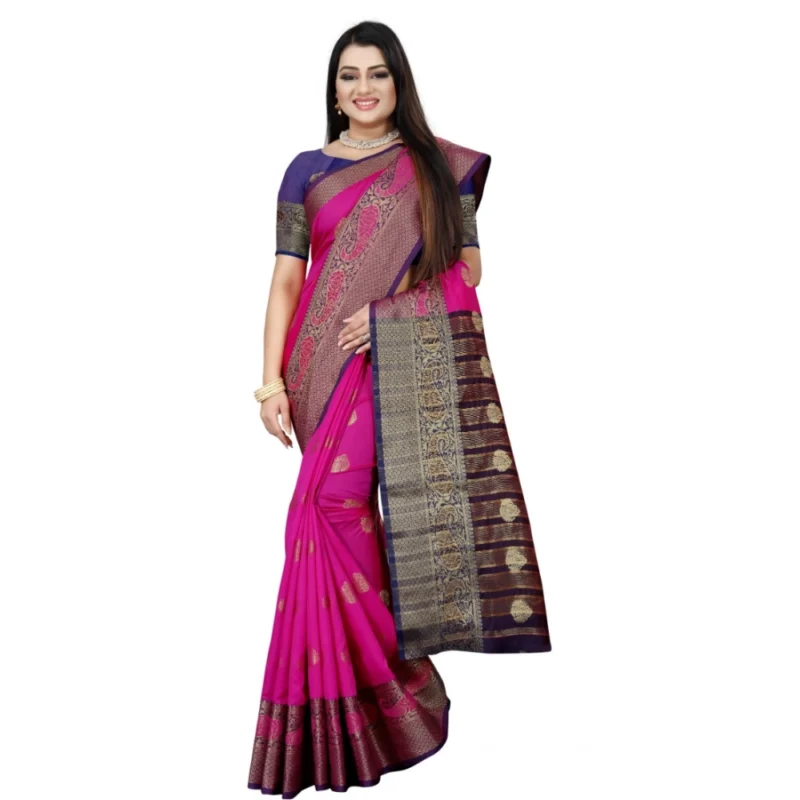 Generic Women's Silk Blend Woven Saree With Unstitched Blouse 5.5Mtr (Purple-Pink) - Image 3