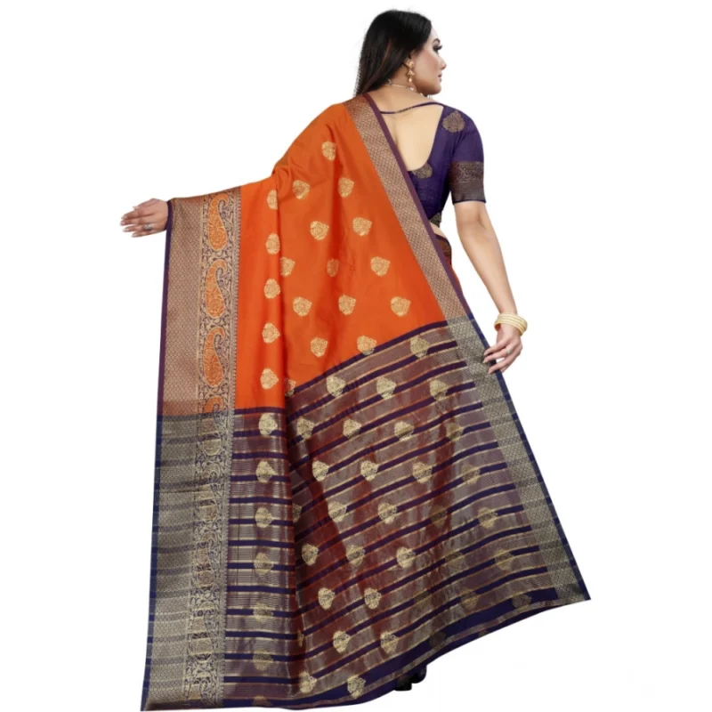 Generic Women's Silk Blend Woven Saree With Unstitched Blouse 5.5Mtr (Purple-Orange) - Image 4