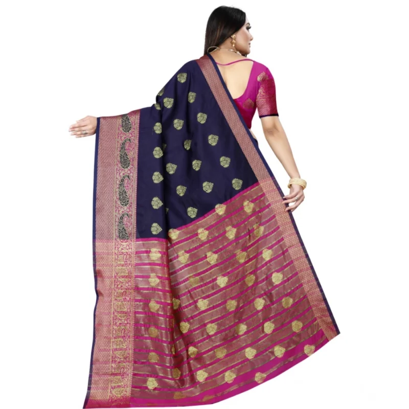 Generic Women's Silk Blend Woven Saree With Unstitched Blouse 5.5Mtr (Dark Blue-Pink) - Image 4