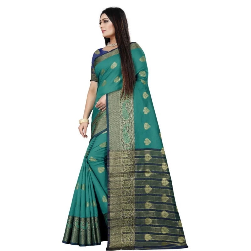 Generic Women's Silk Blend Woven Saree With Unstitched Blouse 5.5Mtr (Dark Blue-Green) - Image 2