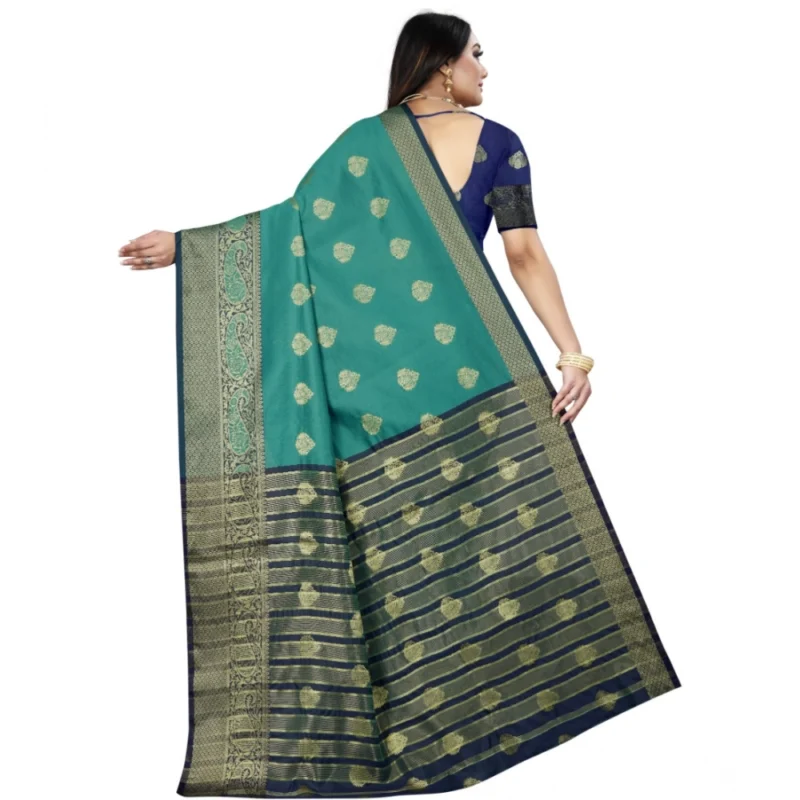 Generic Women's Silk Blend Woven Saree With Unstitched Blouse 5.5Mtr (Dark Blue-Green) - Image 4