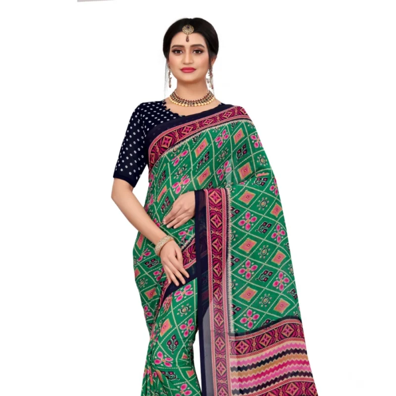Generic Women's Georgette Floral Print Saree With Unstitched Blouse 5.5Mtr (Green) - Image 2