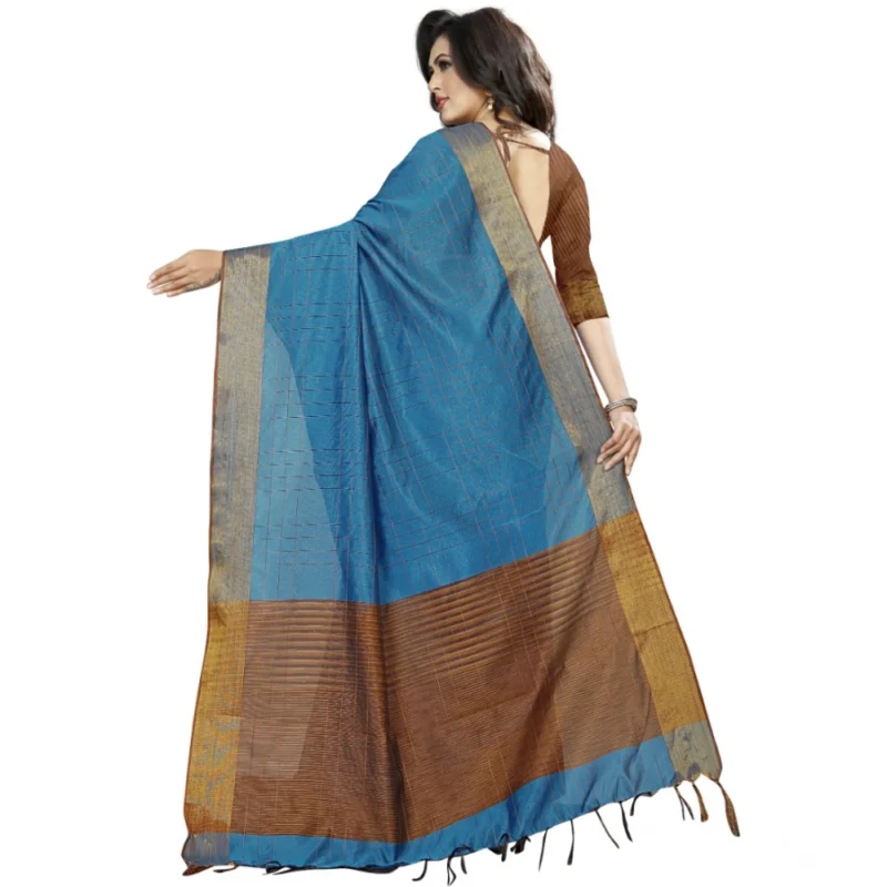 Generic Women's Cotton Silk Self Design Saree With Unstitched Blouse 5.5Mtr (Light Blue) - Image 3