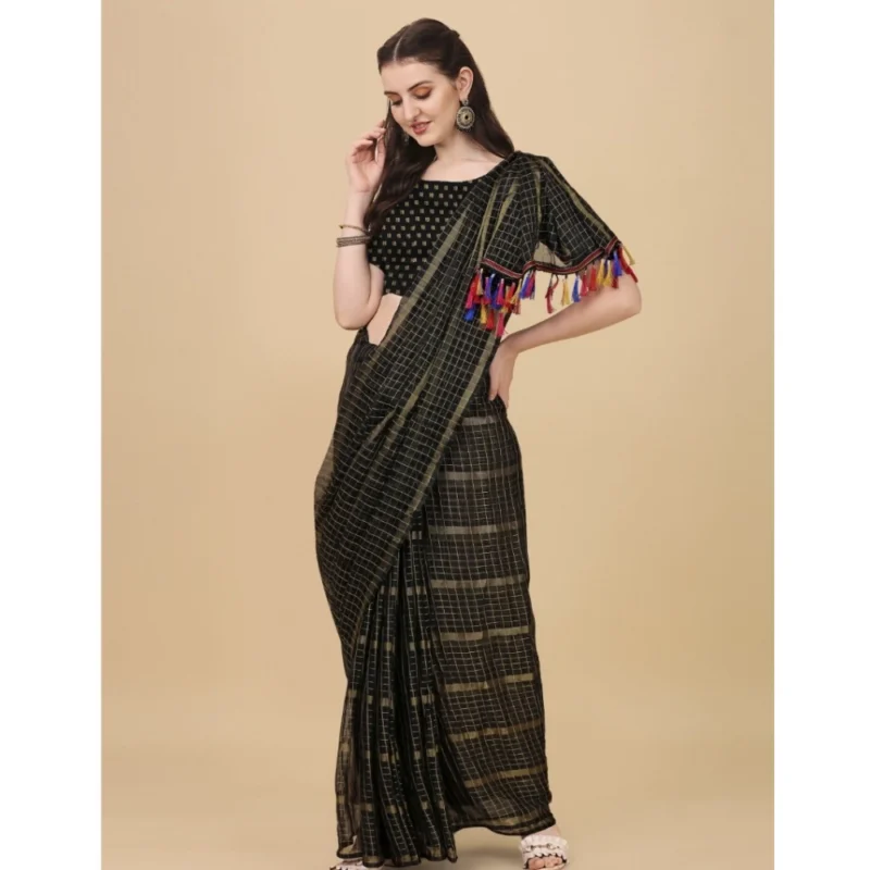 Generic Women's Silk Blend Checkered Saree With Unstitched Blouse 5.5Mtr (Black) - Image 4