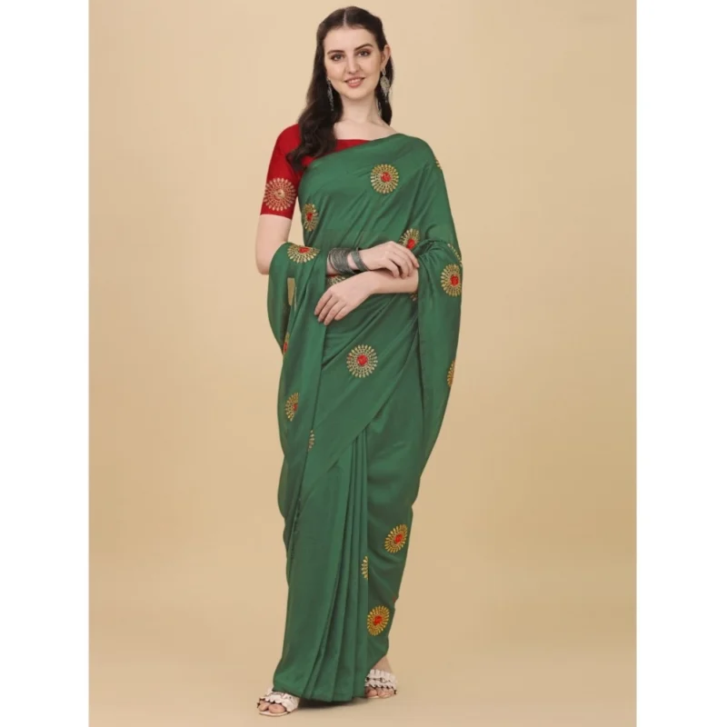 Generic Women's Silk Blend Embroidered Saree With Unstitched Blouse 5.5Mtr (Light Green) - Image 4
