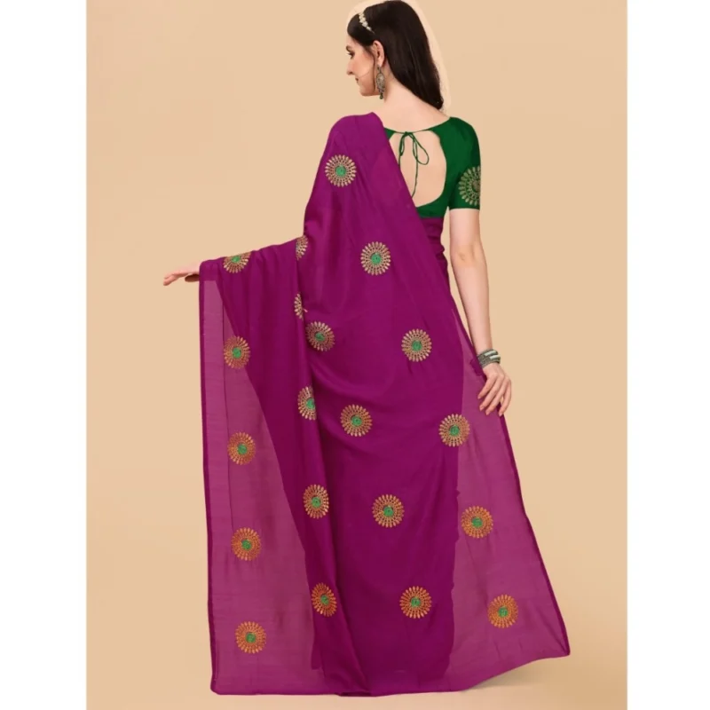 Generic Women's Silk Blend Embroidered Saree With Unstitched Blouse 5.5Mtr (Purple) - Image 3