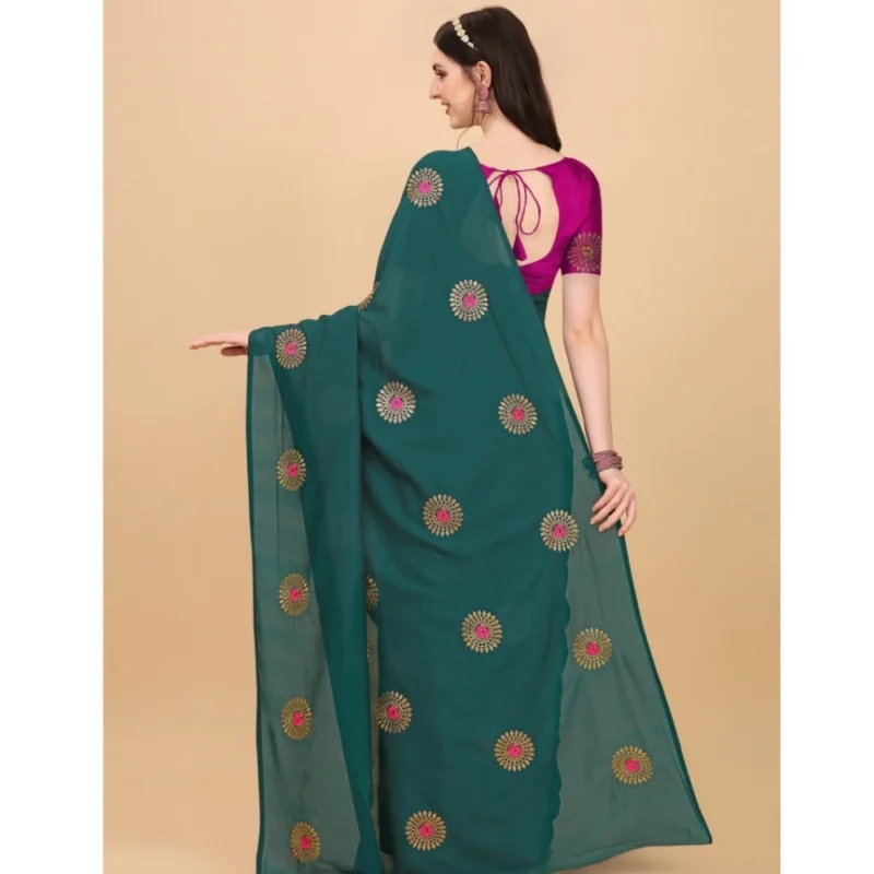 Generic Women's Silk Blend Embroidered Saree With Unstitched Blouse 5.5Mtr (Dark Green) - Image 2