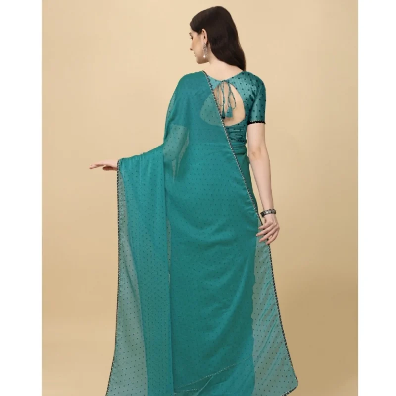 Generic Women's Silk Blend Embellished Saree With Unstitched Blouse 5.5Mtr (Blue) - Image 3