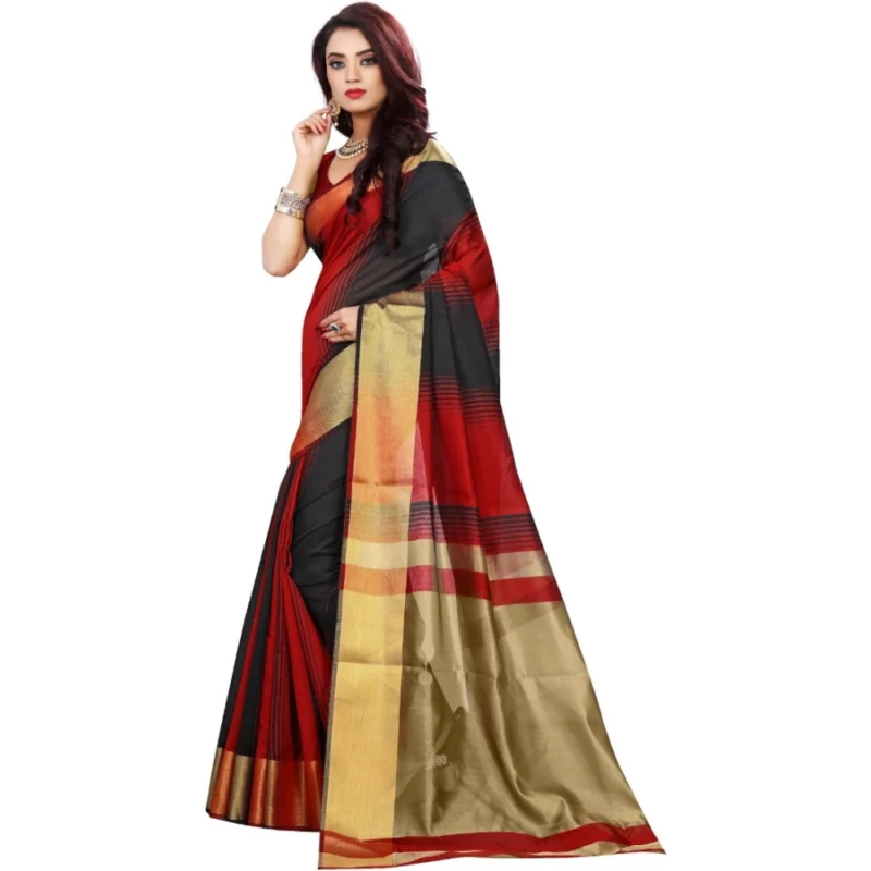 Generic Women's Jacquard Woven Saree With Unstitched Blouse 5.5Mtr (Red-Black) - Image 3