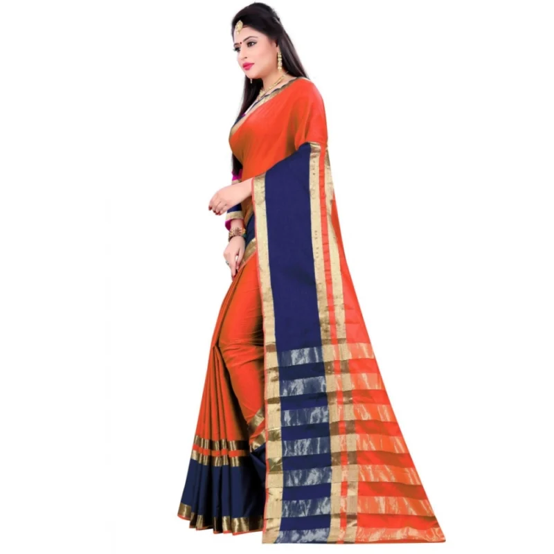 Generic Women's Jacquard Woven Saree With Unstitched Blouse 5.5Mtr (Orange) - Image 2