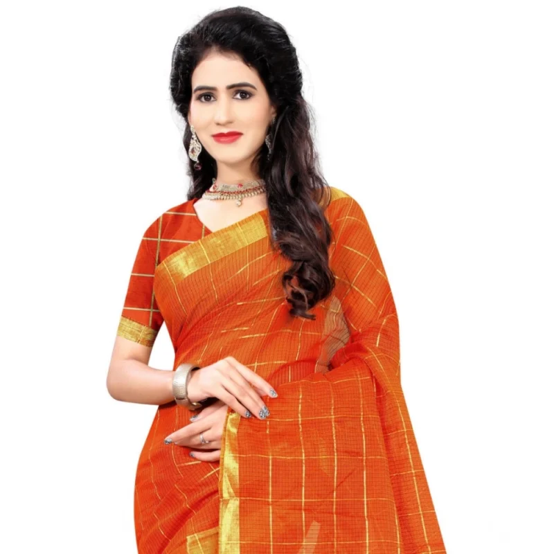 Generic Women's Jacquard Woven Saree With Unstitched Blouse 5.5Mtr (Orange) - Image 2