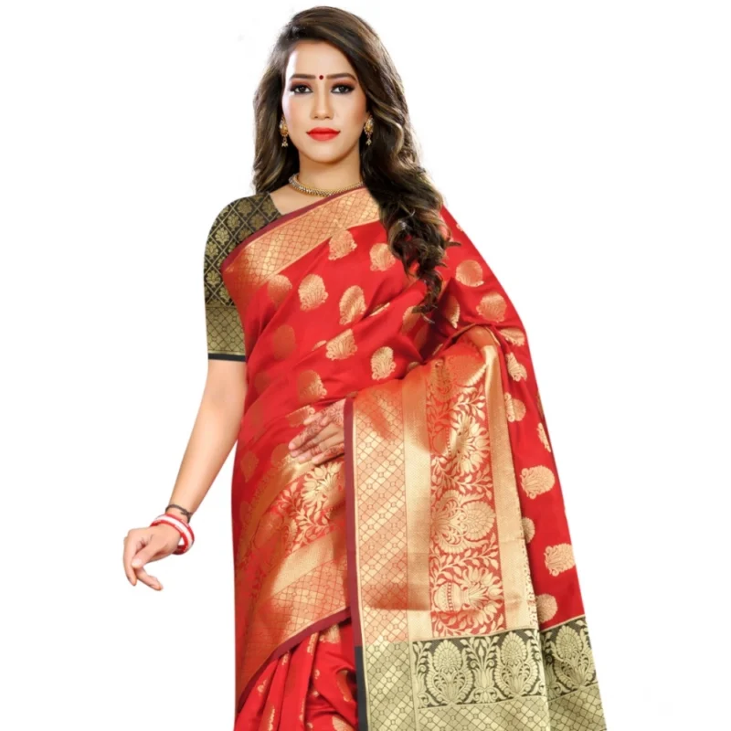 Generic Women's Jacquard Woven Saree With Unstitched Blouse 5.5Mtr (Red) - Image 2