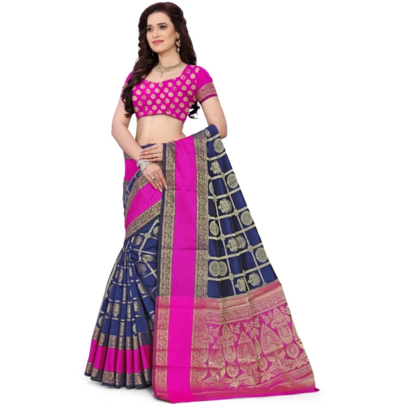Generic Women's Jacquard Woven Saree With Unstitched Blouse 5.5Mtr (Blue) - Image 2