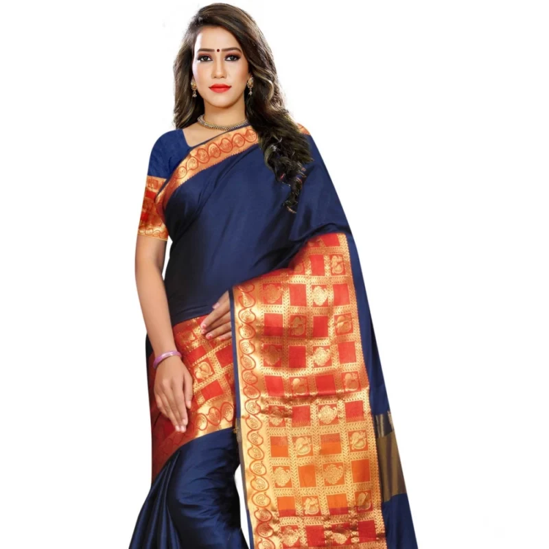 Generic Women's Jacquard Woven Saree With Unstitched Blouse 5.5Mtr (Blue) - Image 2