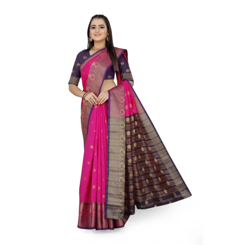 Generic Women's Jacquard Woven Saree With Unstitched Blouse 5.5Mtr (Pink) - Image 3
