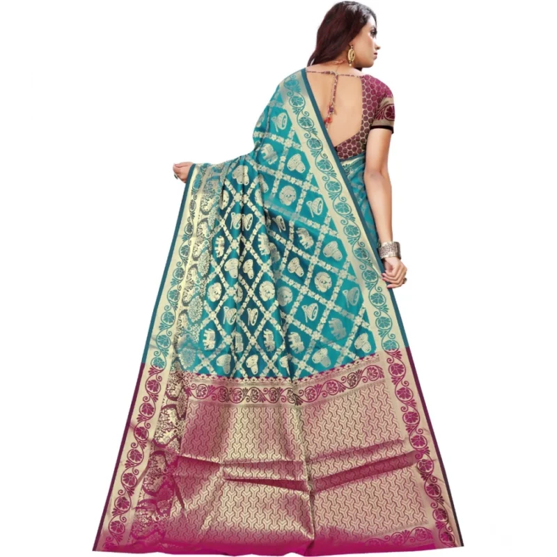 Generic Women's Jacquard Woven Saree With Unstitched Blouse 5.5Mtr (Light Blue) - Image 2