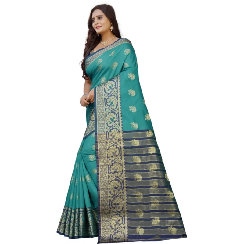 Generic Women's Silk Blend Woven Saree With Unstitched Blouse 5.5Mtr (Dark Blue-Green) - Image 2