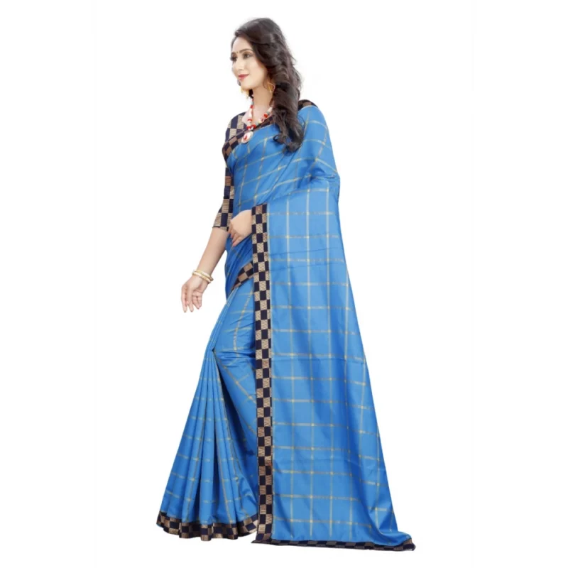 Generic Women's Cotton Silk Checkered Saree With Unstitched Blouse 5.5Mtr (Light Blue) - Image 3