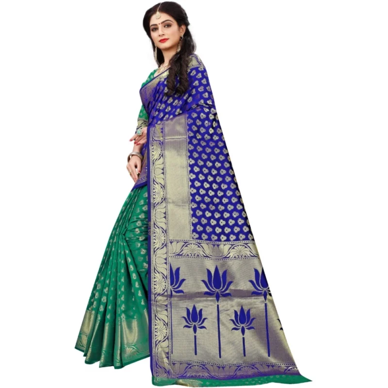 Generic Women's Jacquard Woven Saree With Unstitched Blouse 5.5Mtr (Green) - Image 3