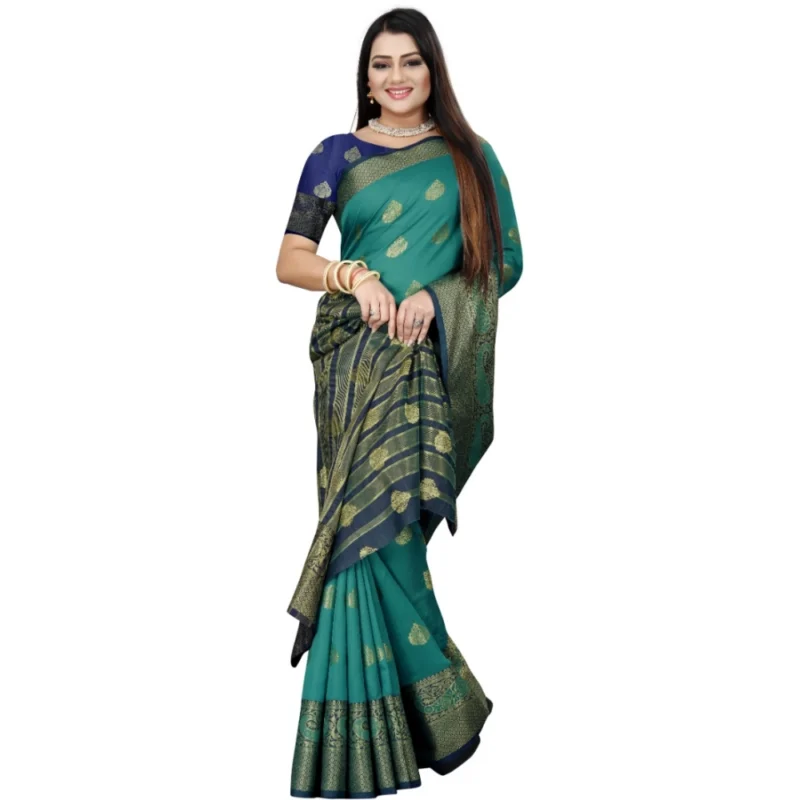 Generic Women's Silk Blend Woven Saree With Unstitched Blouse 5.5Mtr (Dark Blue-Green) - Image 3