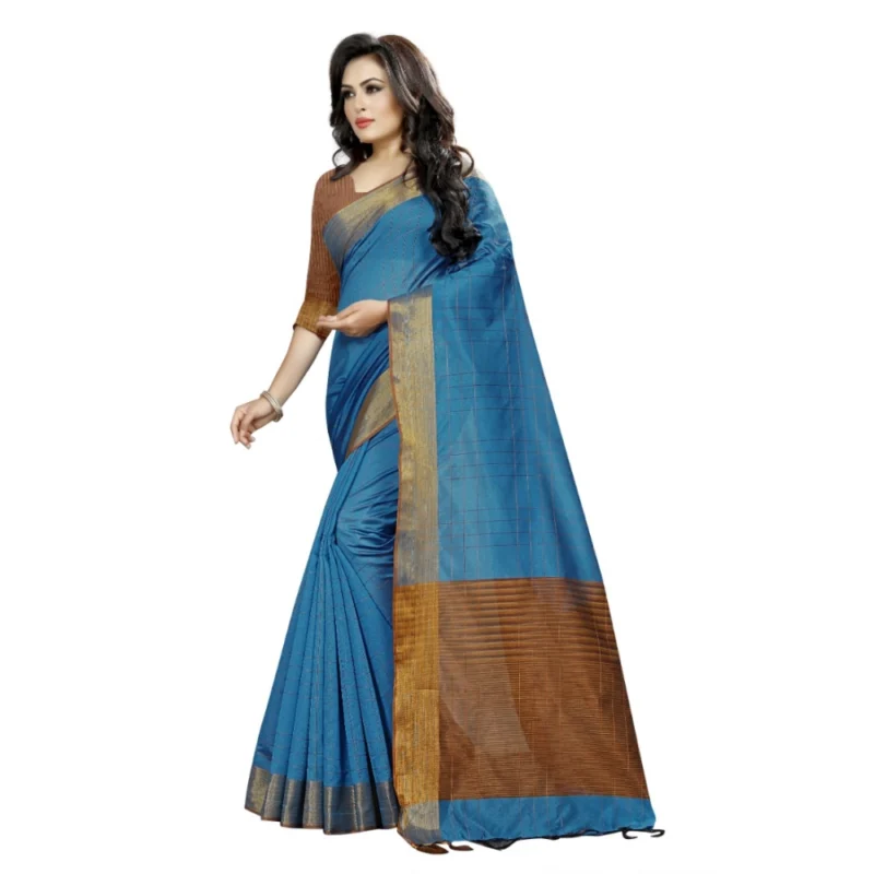 Generic Women's Cotton Silk Self Design Saree With Unstitched Blouse 5.5Mtr (Light Blue) - Image 4