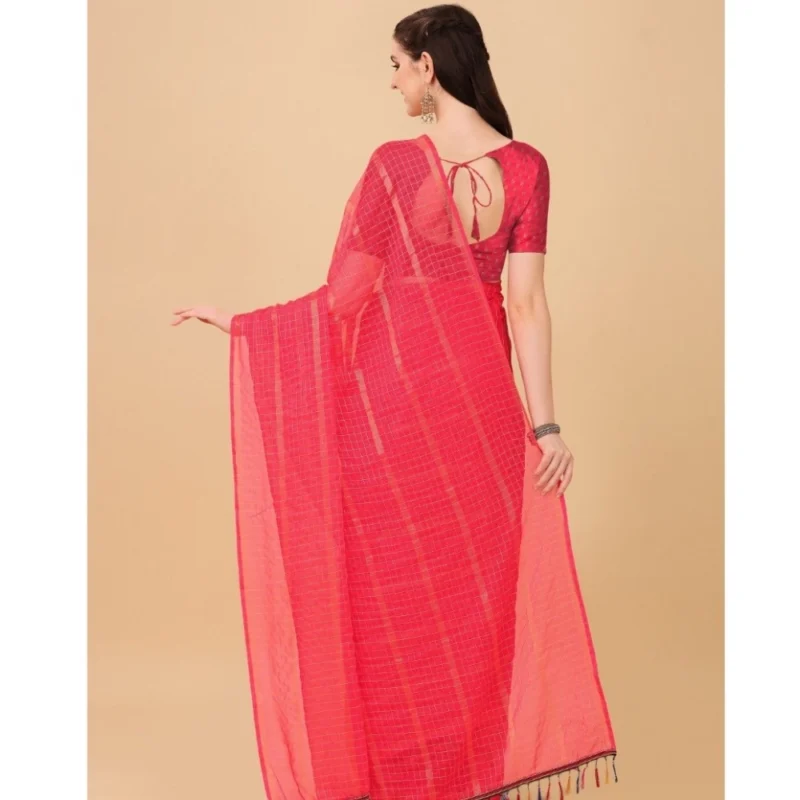Generic Women's Silk Blend Checkered Saree With Unstitched Blouse 5.5Mtr (Pink) - Image 3
